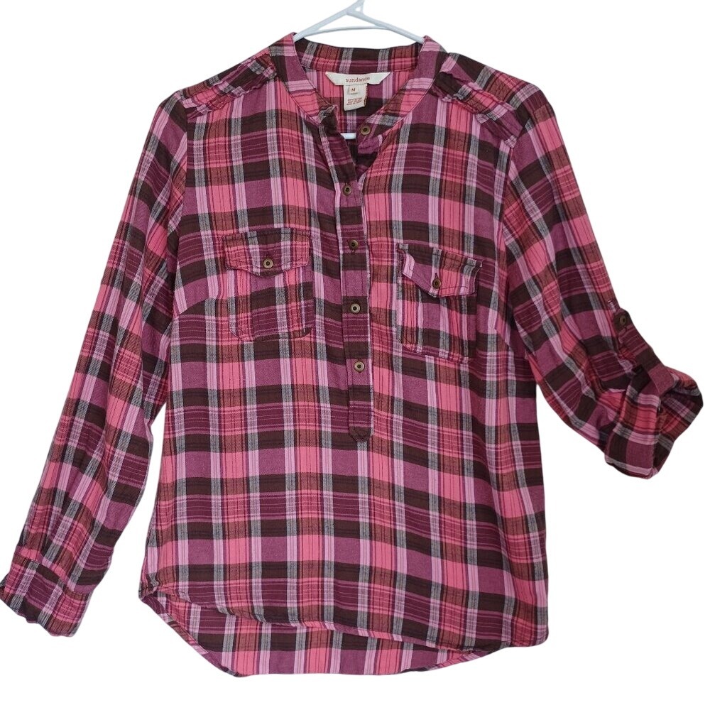 Sundance Womens Pink Brown Plaid Cotton Roll Tab Henley Shirt Top Size M
